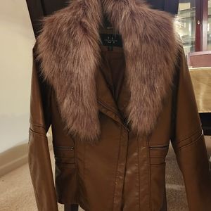 Vegan Leather Jacket With Detachable Faux Fur Collar Sz S